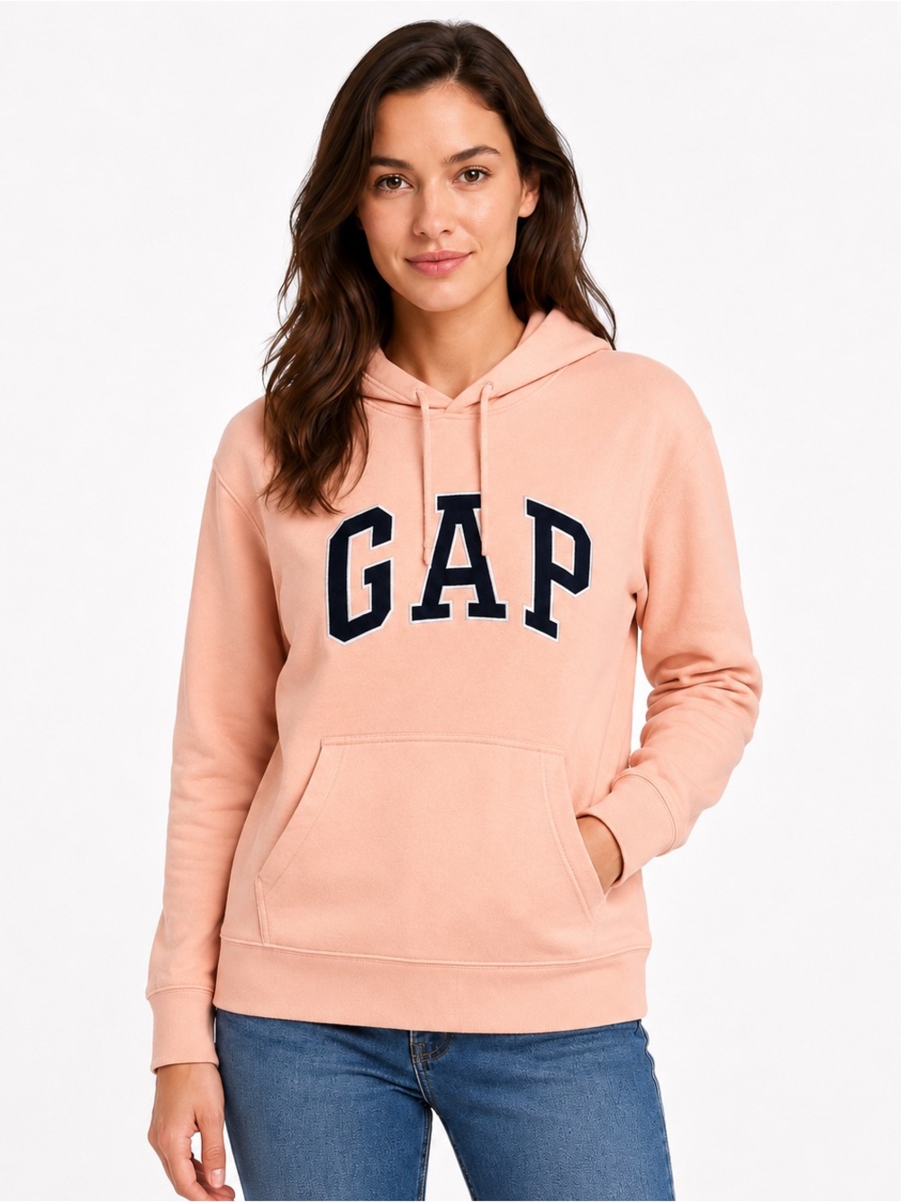 GAP Logo Hoodie Pink Pullover Sweatshirt Embroidered Spell Out Pocket Front EUC